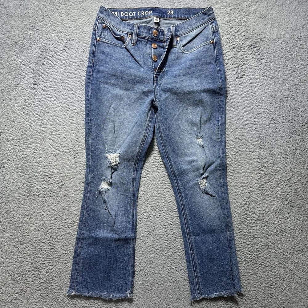 J. Crew Demi Boot Crop Button Fly Medium Wash Blue Jean Sz 28 Distressed  Frayed